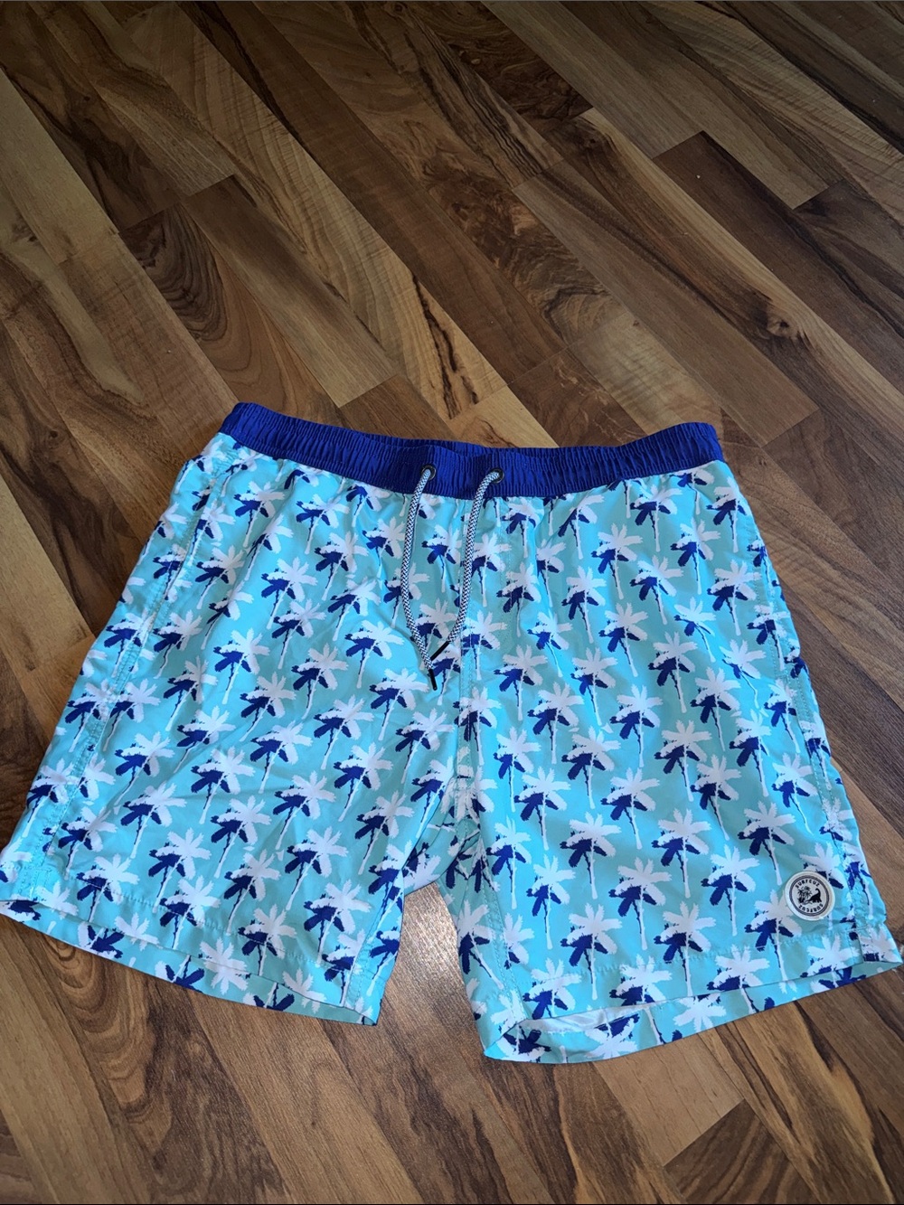 Surfcuz Men's Light Blue Palm-Print Swim Trunks